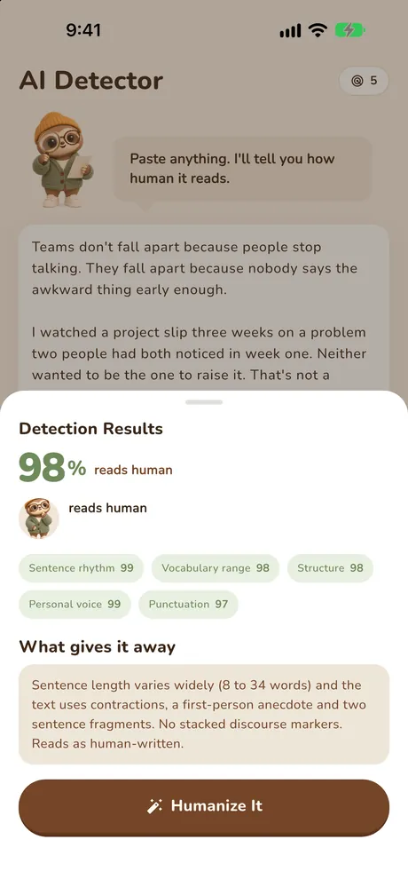 HumanizeAI Detection score screen