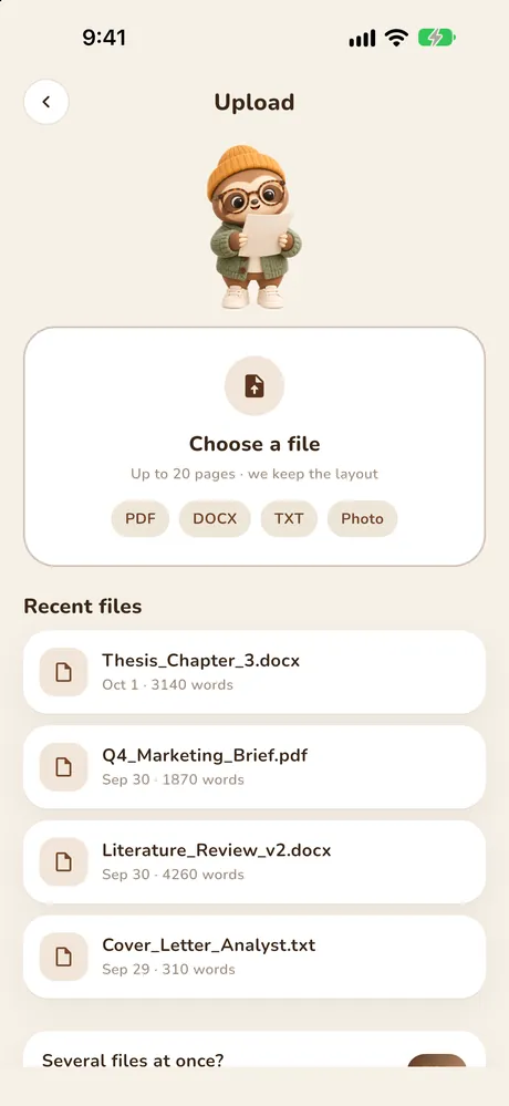 HumanizeAI Upload a document screen