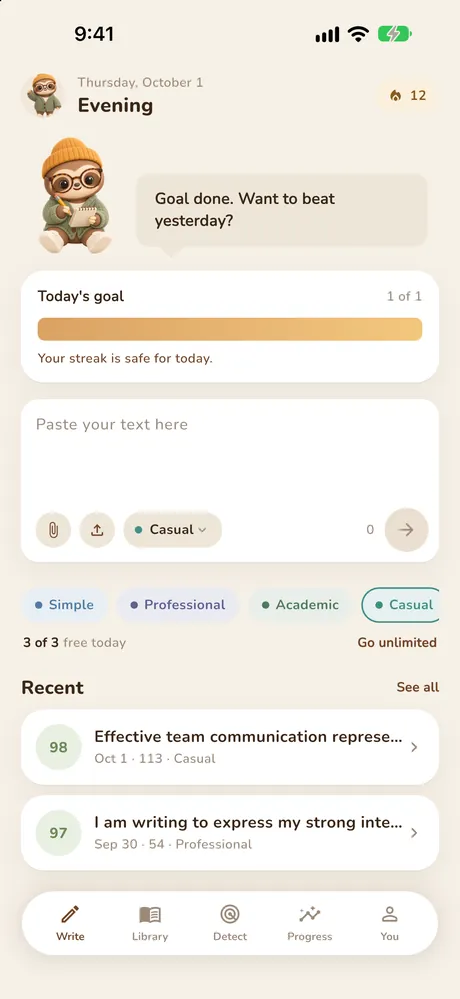 HumanizeAI Home screen