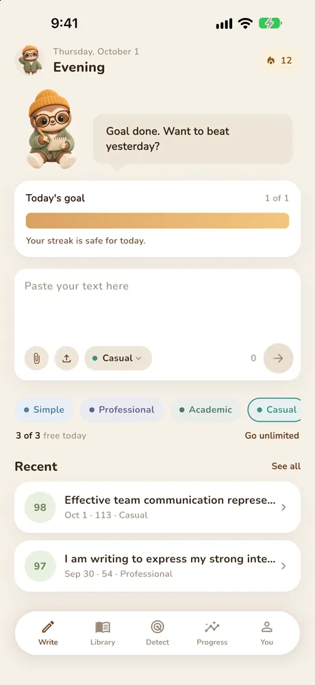 HumanizeAI Pick a tone screen