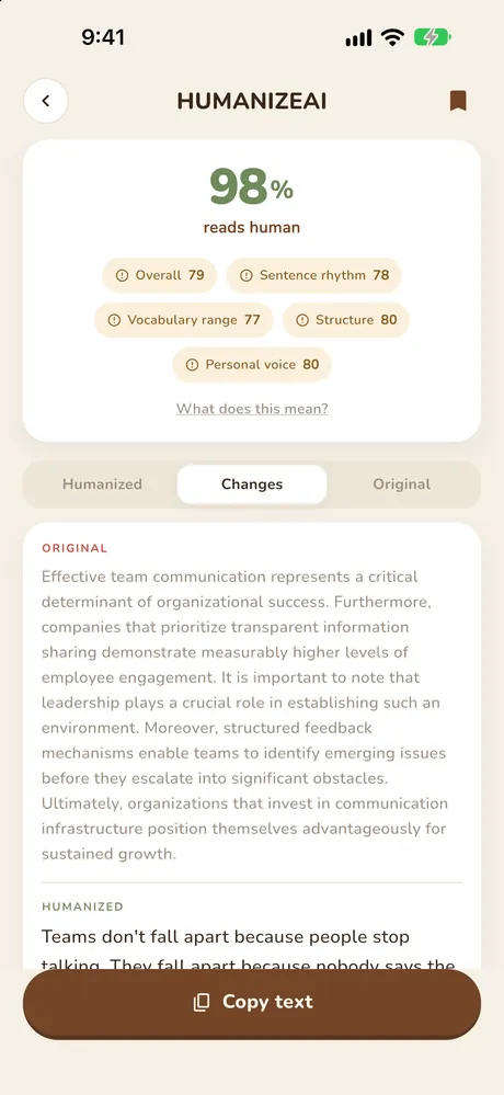 HumanizeAI Humanized result screen
